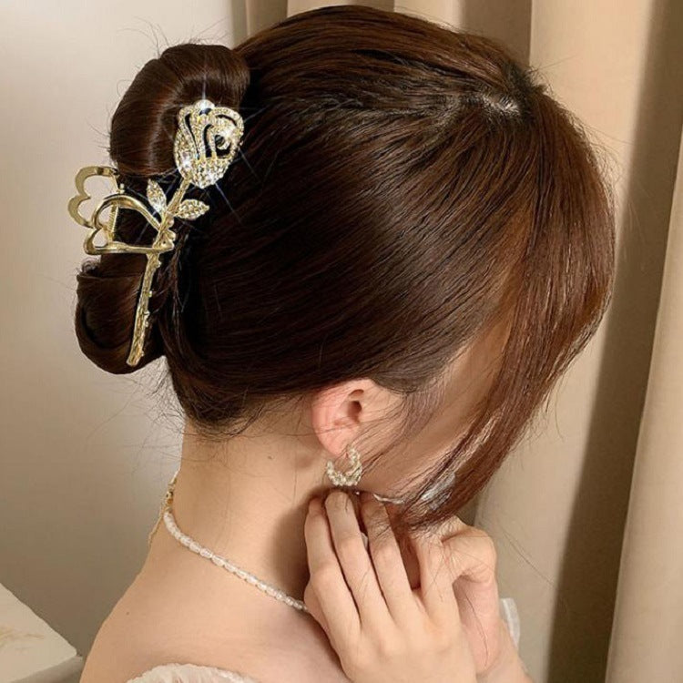Large Metal Barrettes Gold Silver Love Rose Grip