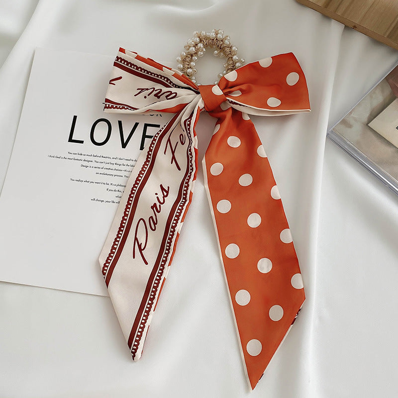 French Style Bow Pearl Scarf Large Intestine Hair Ring For Women