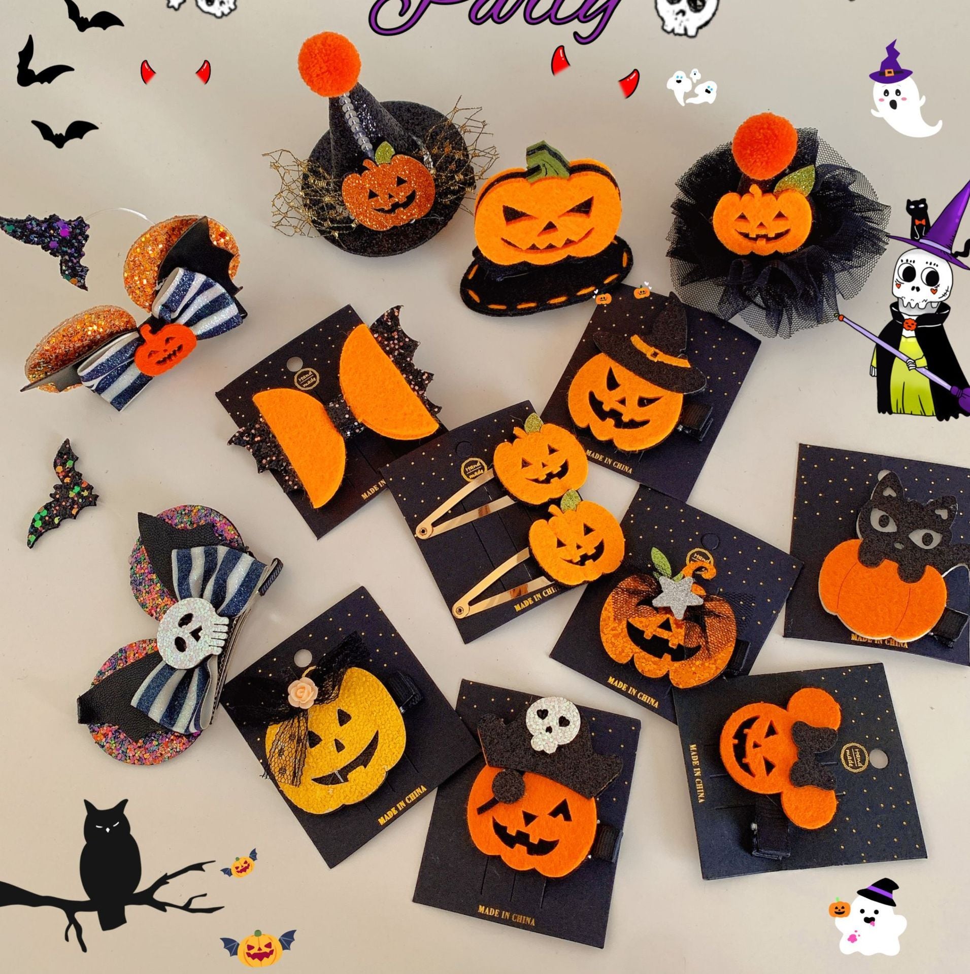 Children's Pumpkin Skull Barrettes Halloween Bat Barrettes