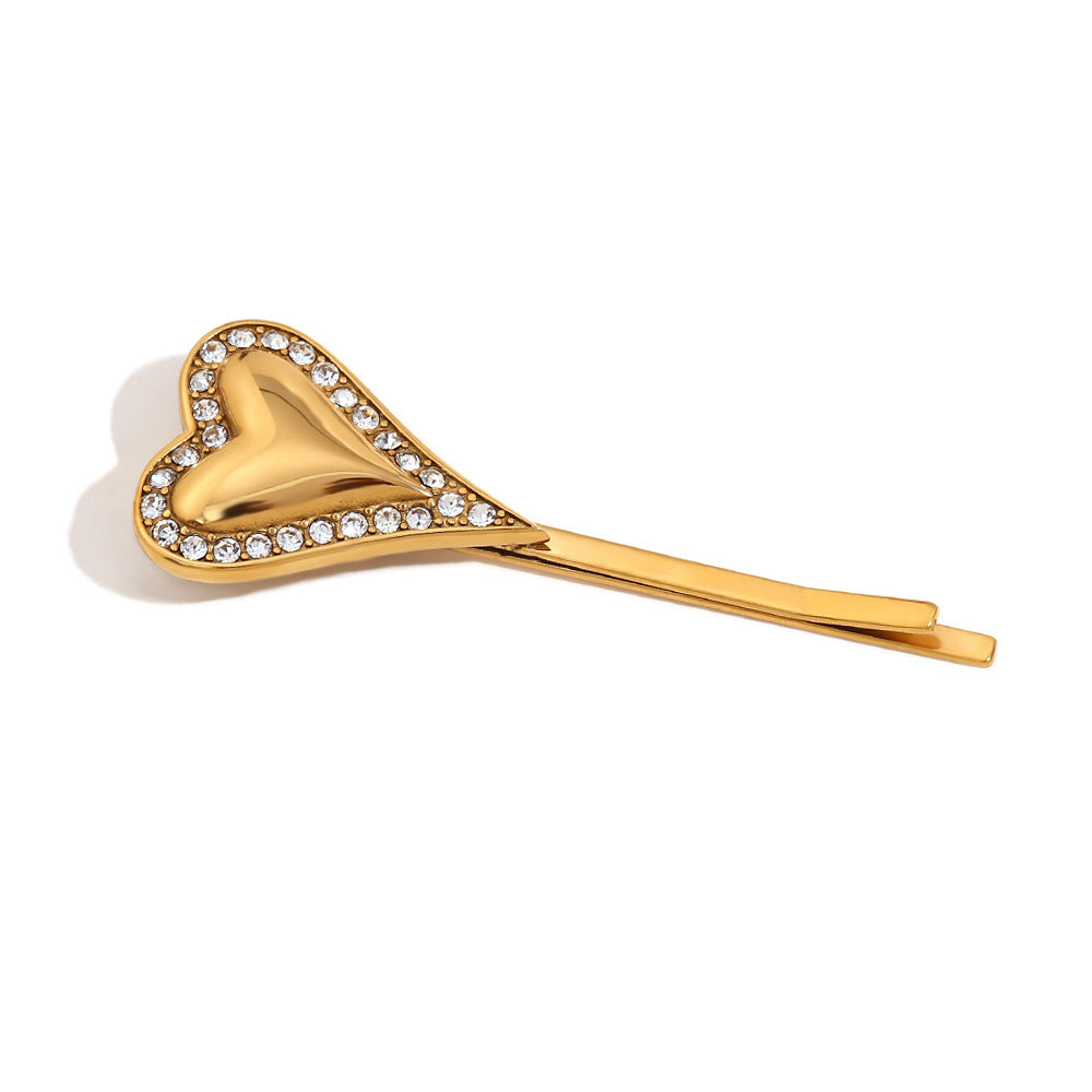 Stainless Steel Plated 18K Gold Vertical Heart Edge Diamond Hair Clip