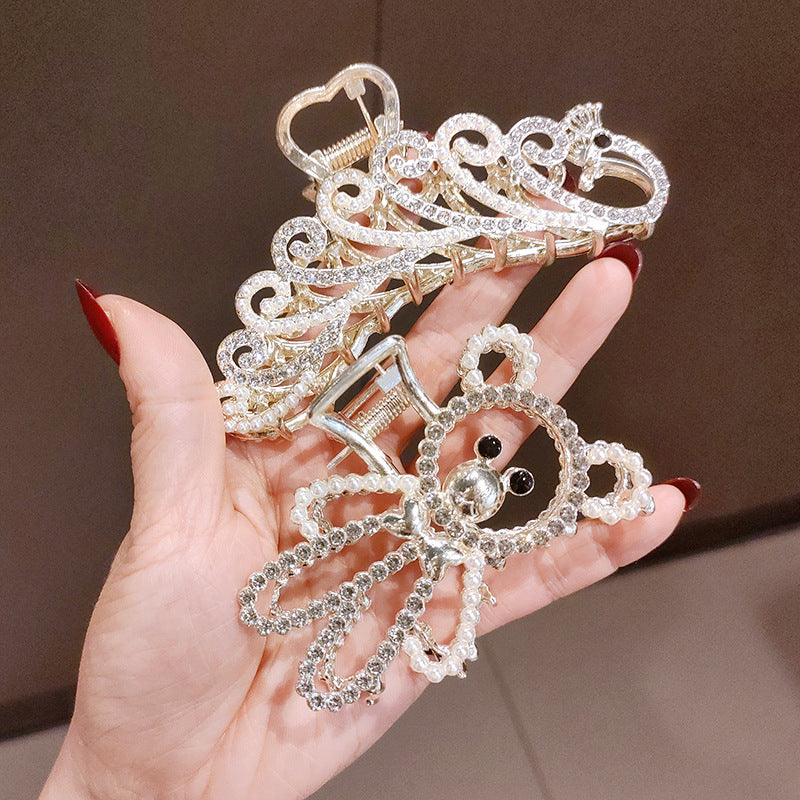 Temperament And Fully-jewelled Bear Large Grip Ponytail Hair Claw Girl Headdress Hairpin Shark Clip Korean Online Red Hair Ornament