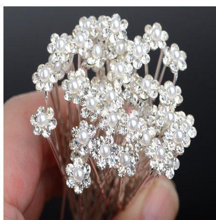 Pearl U-shaped bun Bridal plate hair fork pearl rhinestone flower-studded hair clip