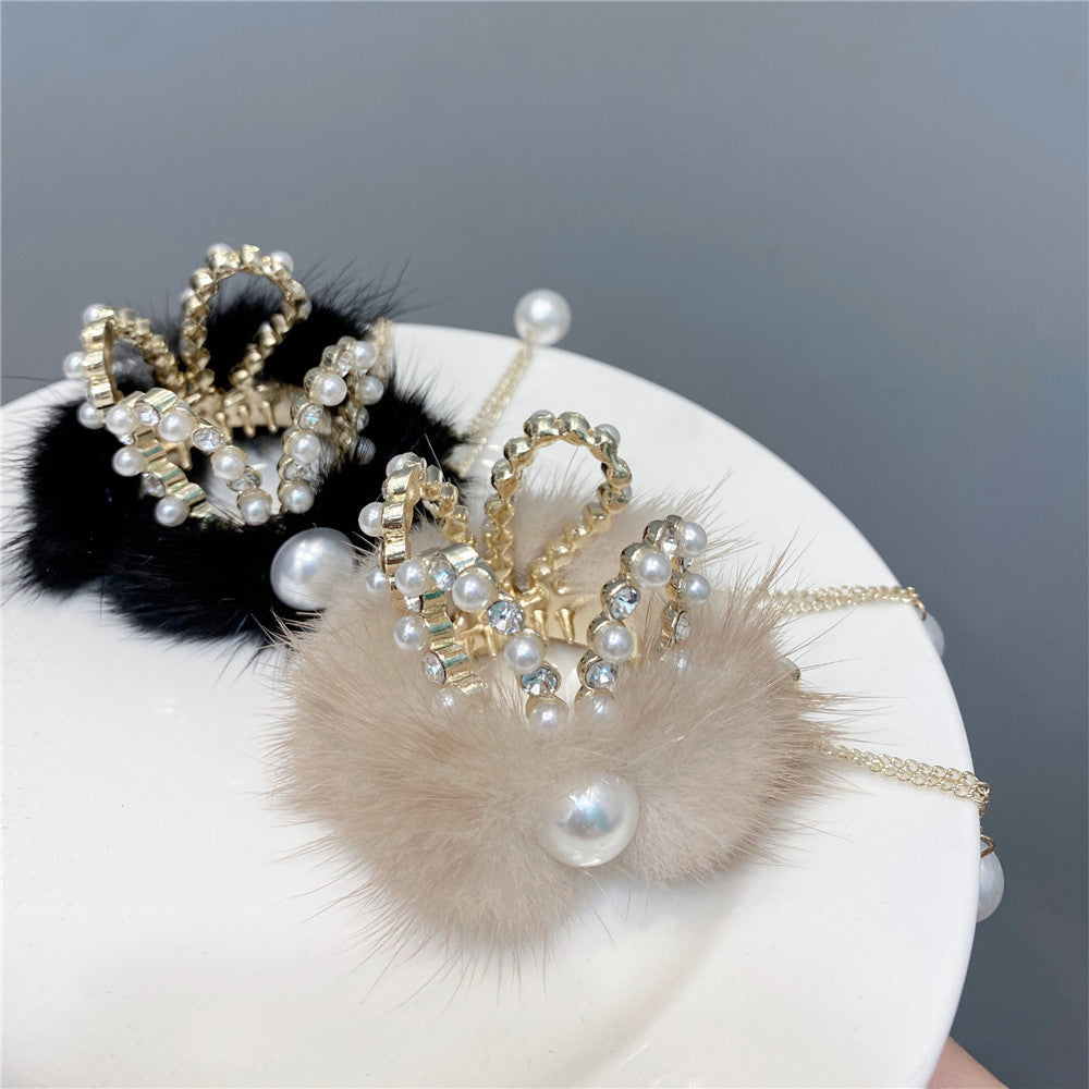 Pearl Mink Hair High Horse Tail Long Tassel Diamond Hair Clip