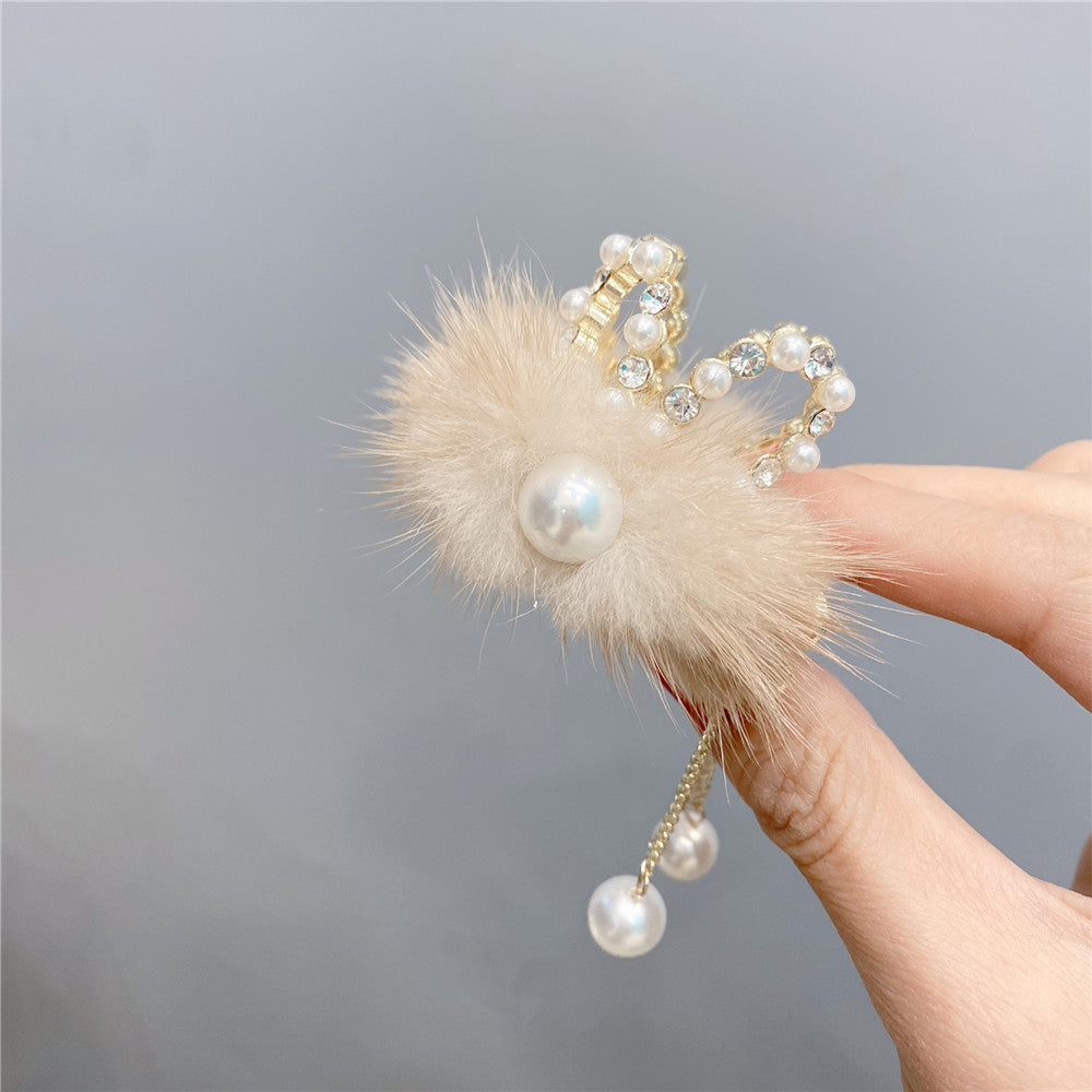 Pearl Mink Hair High Horse Tail Long Tassel Diamond Hair Clip