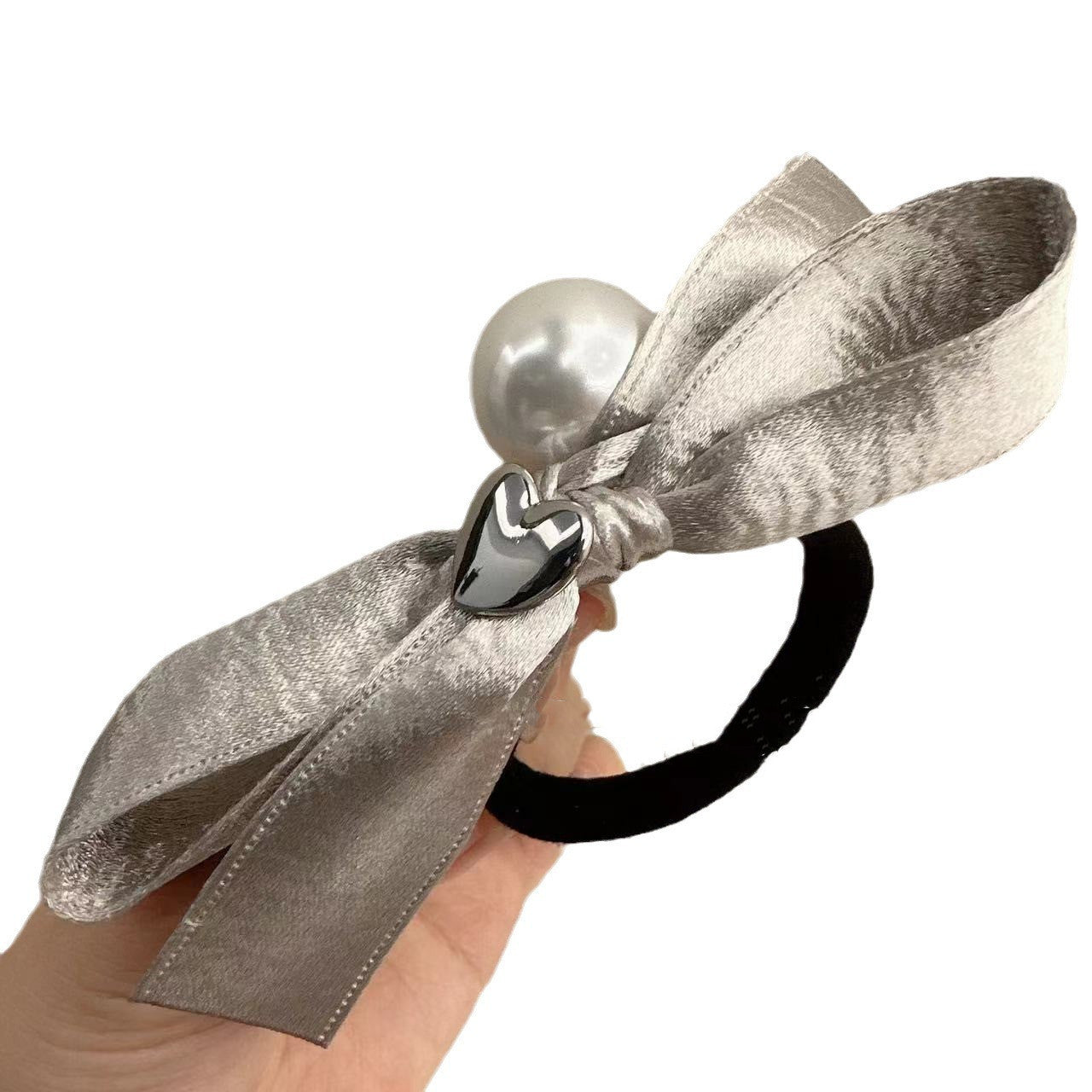 Silver Bowknot Hair Ring Love Pearl