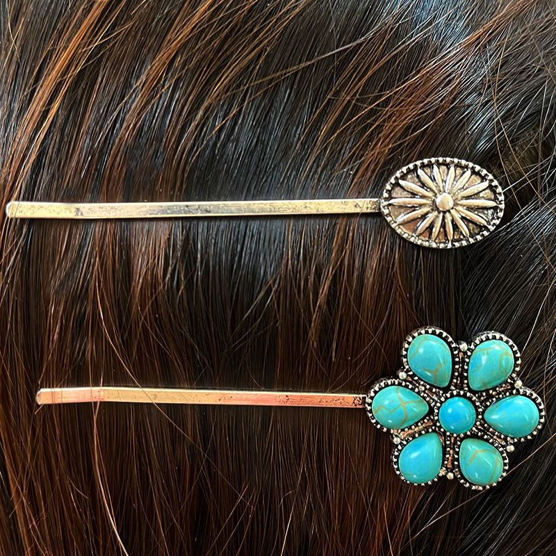 Retro Turquoise Alloy Flower Ethnic Style Western Hair Clip Word Clip