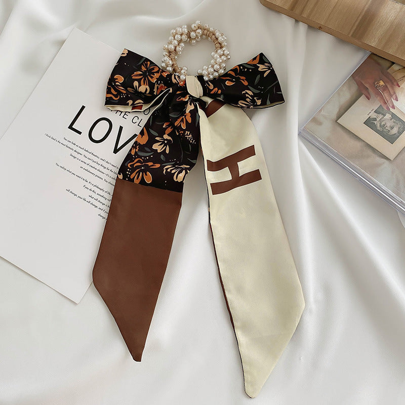 French Style Bow Pearl Scarf Large Intestine Hair Ring For Women