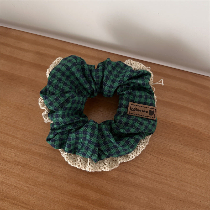Pastoral Style Plaid Large Intestine Hair Ring Cute Lace Edge Simple