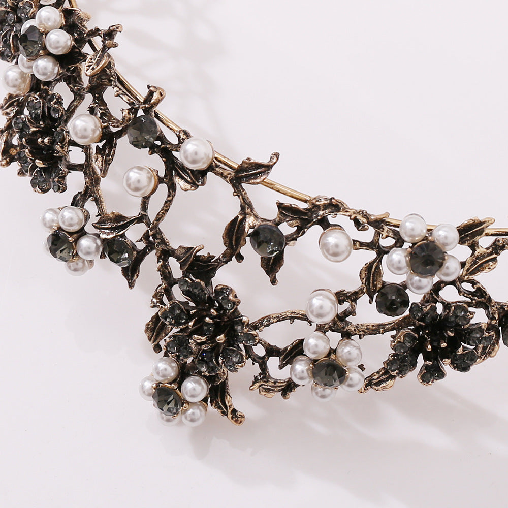 Floral Black Diamond Pearl Baroque Bridal Crown Wedding Tiara Accessories