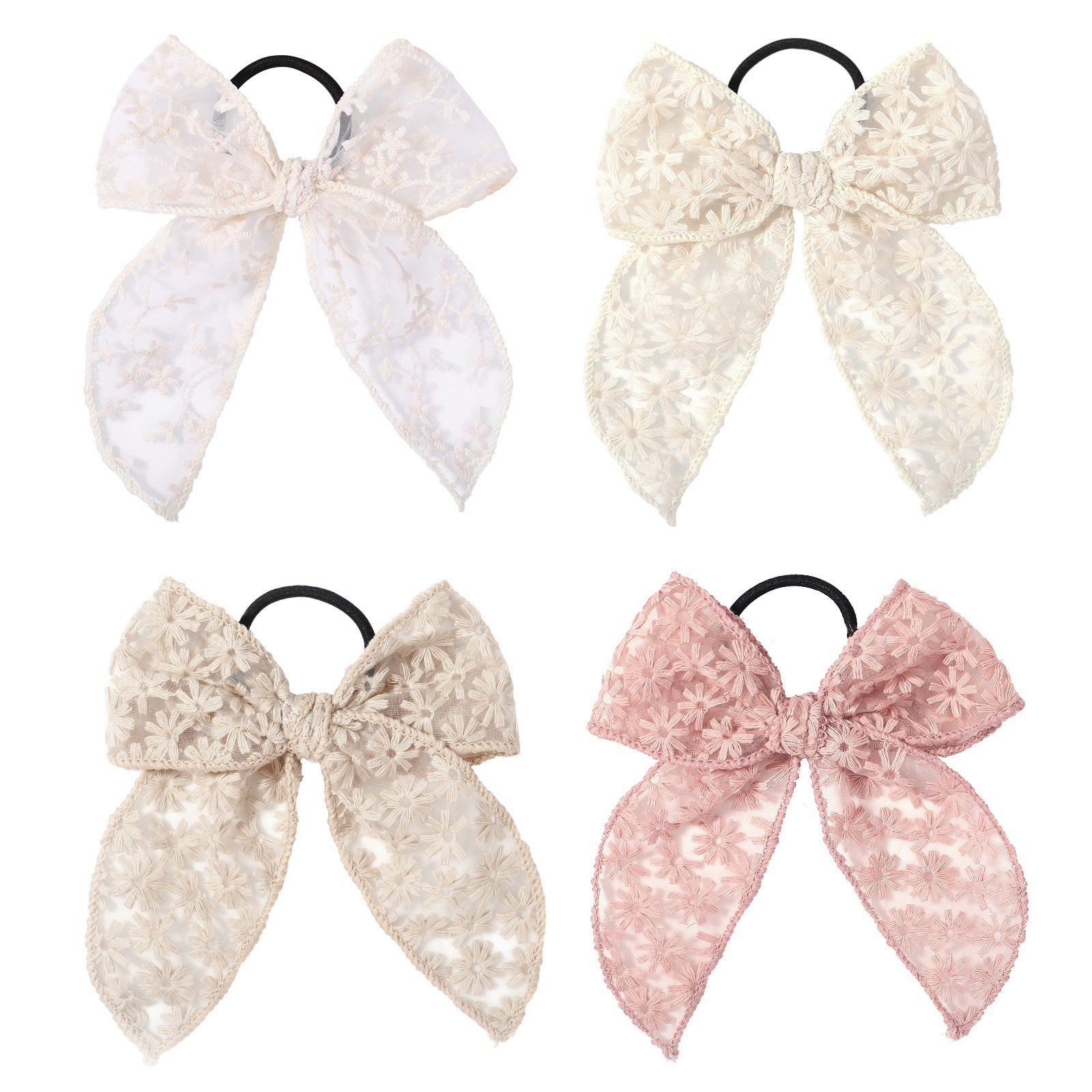 Embroidered Printed Bowknot Hair Ring Simple Lace Rubber Band Hair Rope Floral Dovetail Accessories