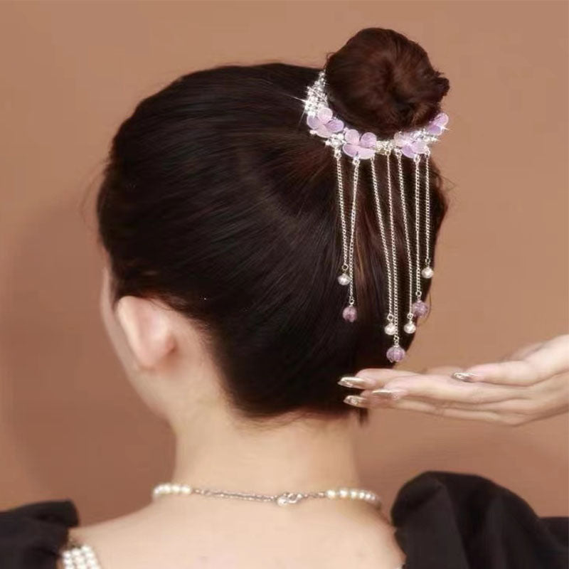 Early Spring New Light Luxury Amethyst Flower Fringe Hair Clip Back Head Spoon Pill Head Coiled Hair Ponytail Buckle Headdress