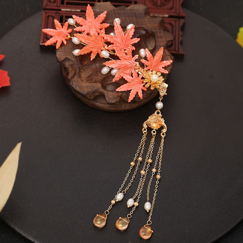 Antique Hanfu Hairpin Accessories Tassel Hair Accessories Side Clip Girl Maple Leaf Pair Step Shake