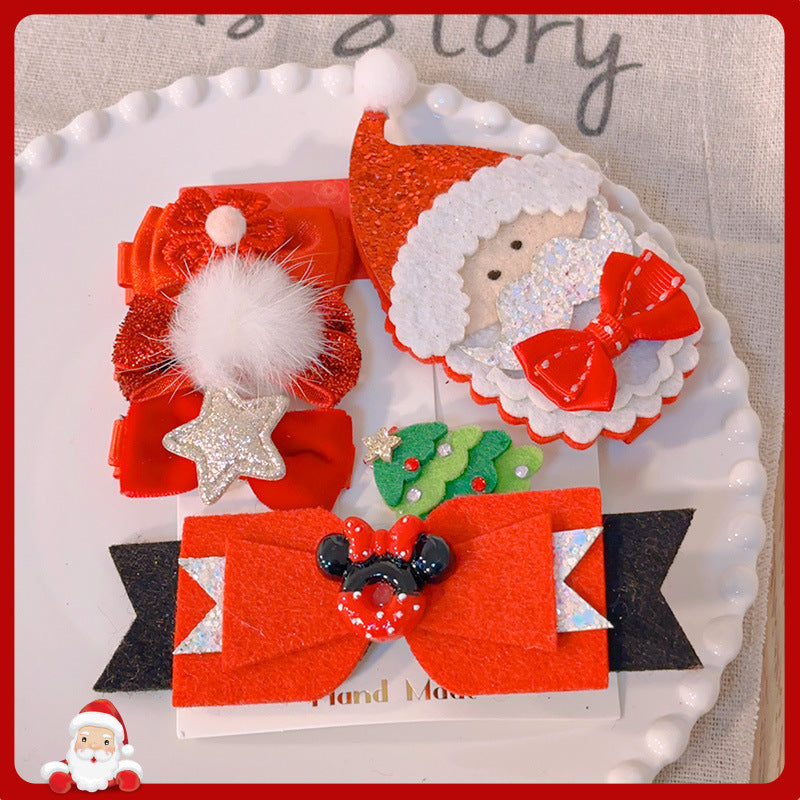 Bowknot Hairpin Cute Headwear Cartoon Cloth Bell Elk Snowflake Christmas Tree Barrettes Suit