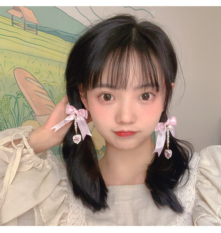 Double Bow Hair Pearl Pendant Pair Clip