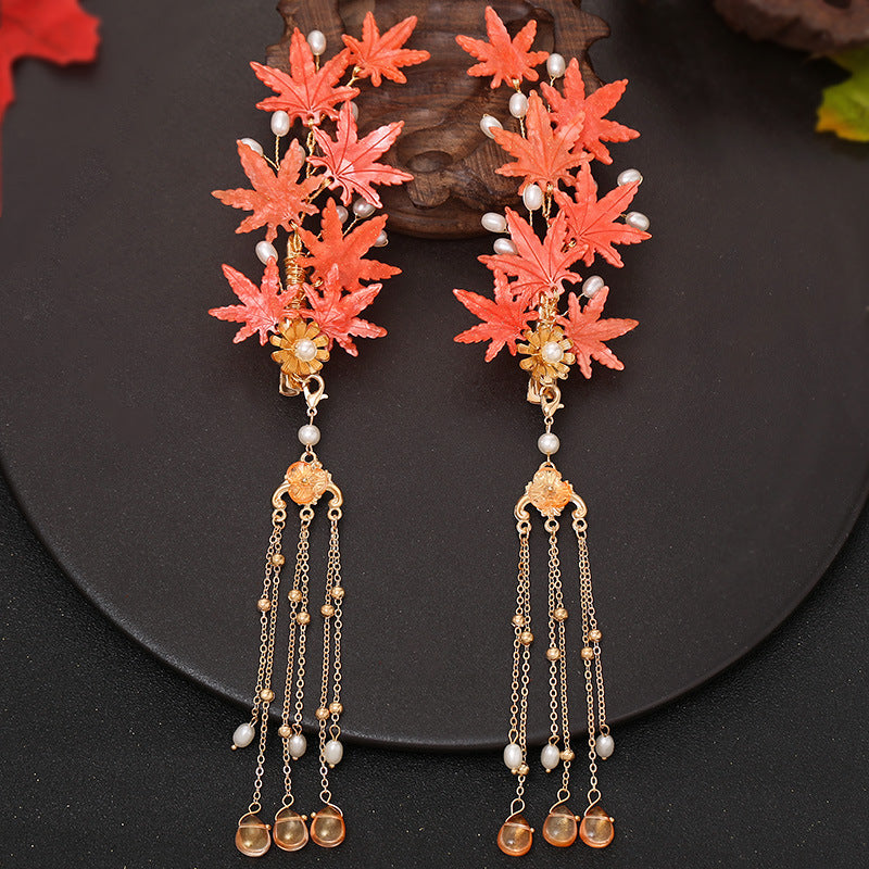 Antique Hanfu Hairpin Accessories Tassel Hair Accessories Side Clip Girl Maple Leaf Pair Step Shake