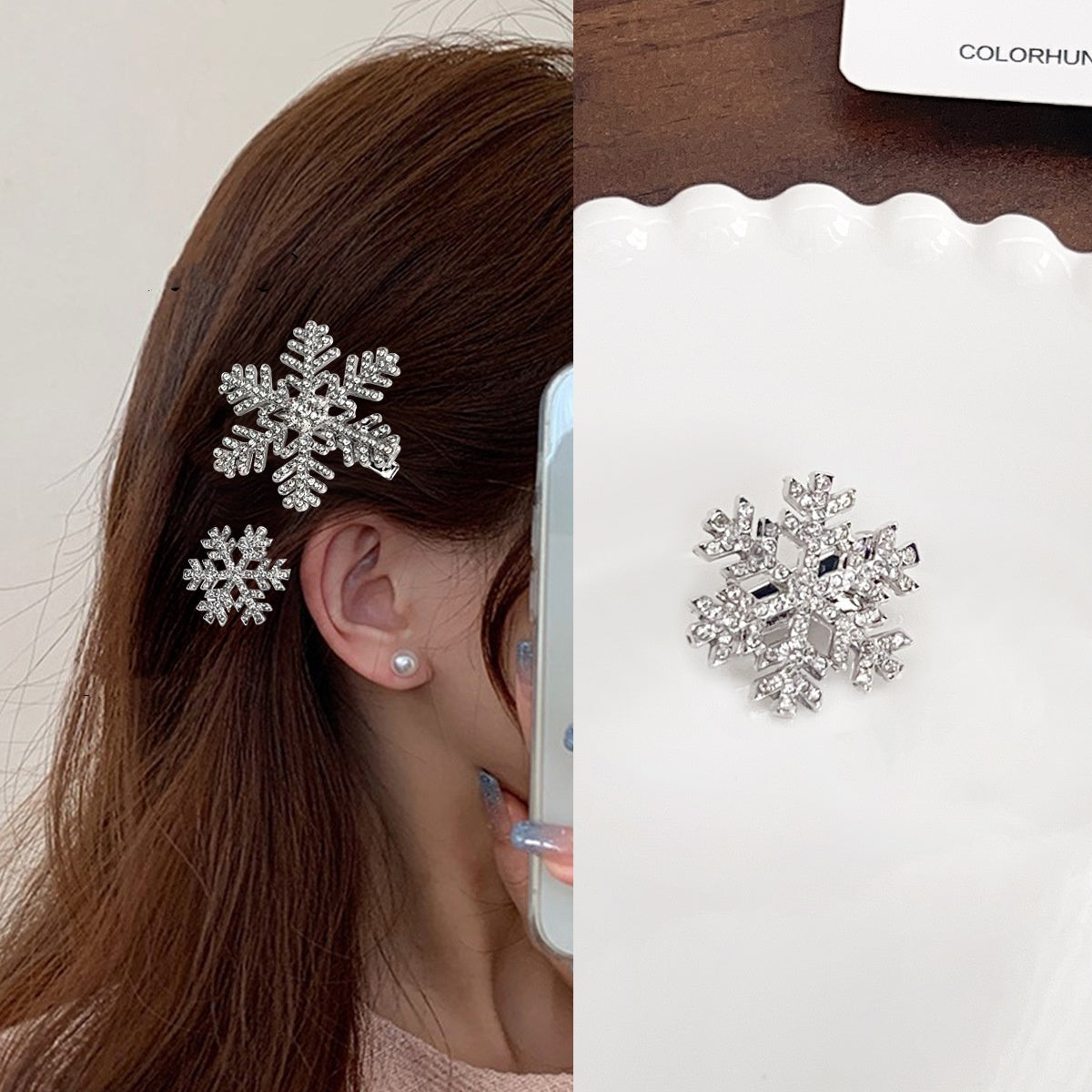 Sweet Rhinestone Snowflake Barrettes Female Pearl