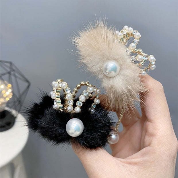Pearl Mink Hair High Horse Tail Long Tassel Diamond Hair Clip