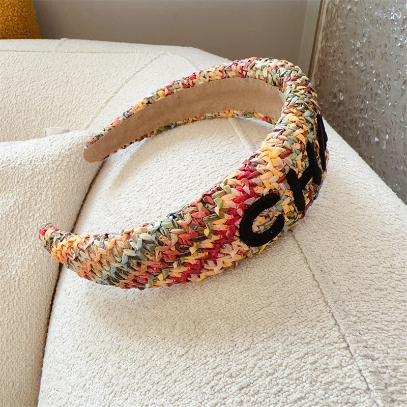 Korean Style Letter Raffia Headband Summer High Sense Hairpin With Broad Edge High Skull Top Headband Broken Hair Wash Face Hair Clip Women