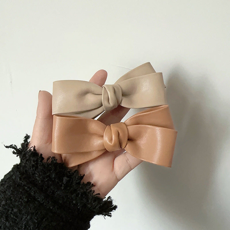 Gentle Coffee Color Series Textured Pu Bow Barrettes
