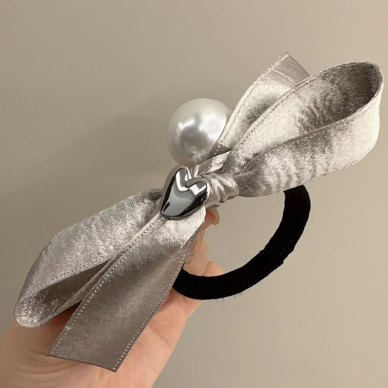 Silver Bowknot Hair Ring Love Pearl