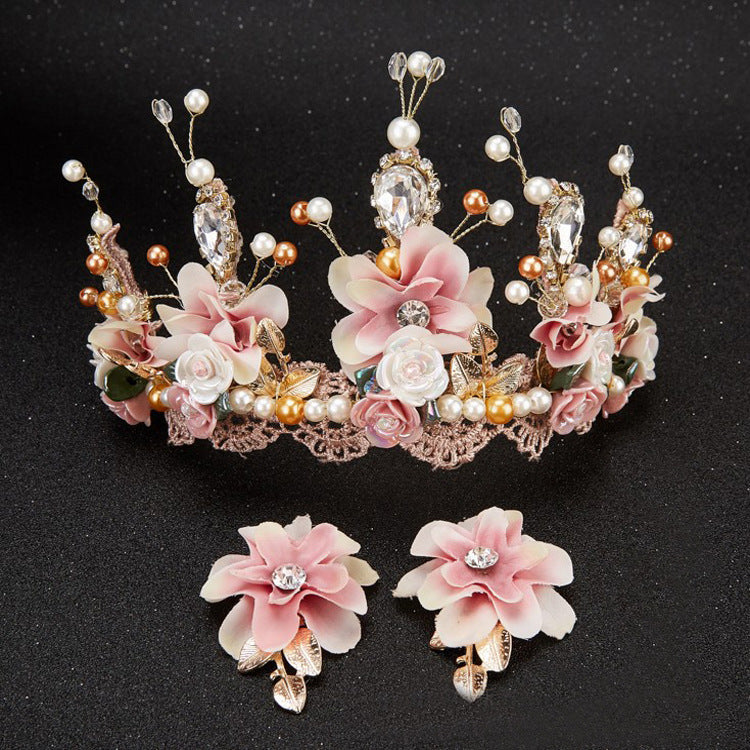 Sweet Pink Bride Handmade Beaded Lace Tiara Corone Crown Ceramic Flower Hair Headdress