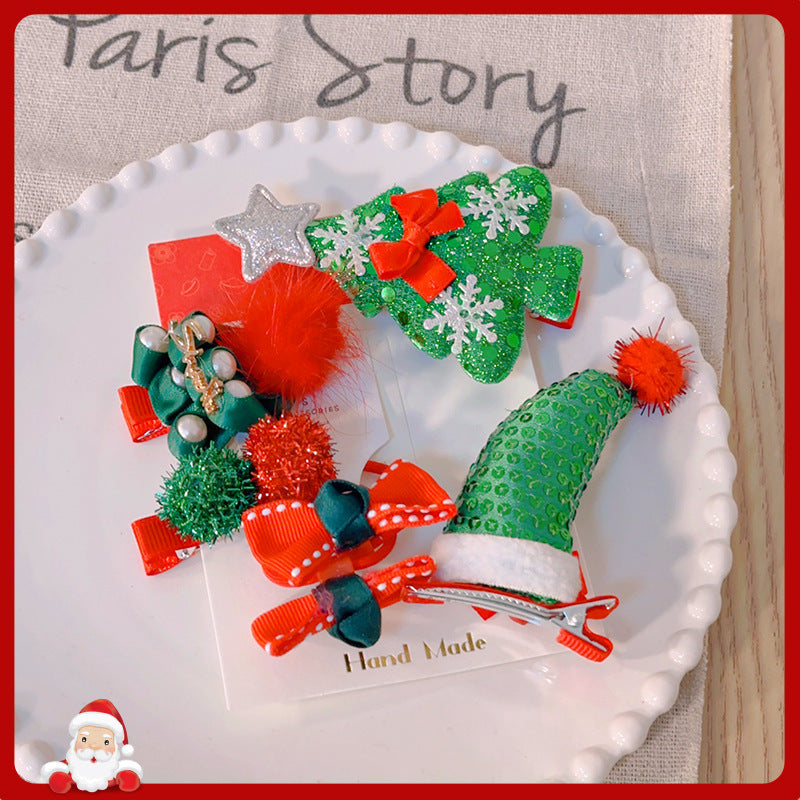 Bowknot Hairpin Cute Headwear Cartoon Cloth Bell Elk Snowflake Christmas Tree Barrettes Suit