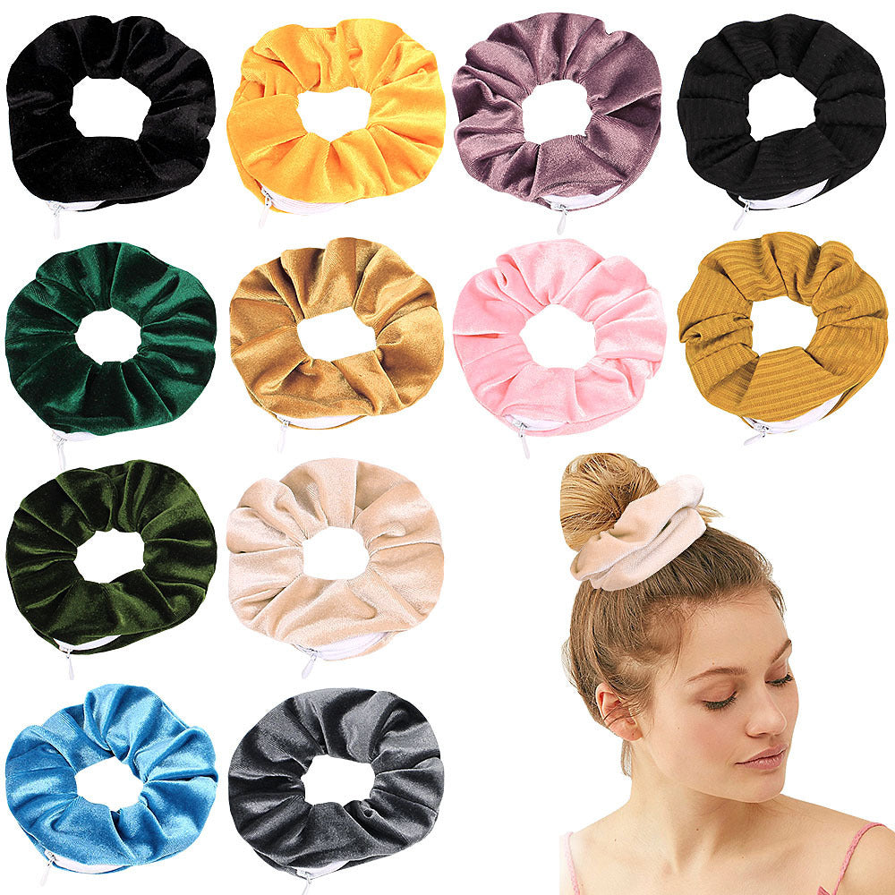 Fashion New Velvet Tencel Pocket wallet Hair Scrunchies Retro Zipper Large Intestine Elastic Hair Band