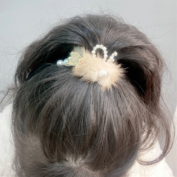 Pearl Mink Hair High Horse Tail Long Tassel Diamond Hair Clip