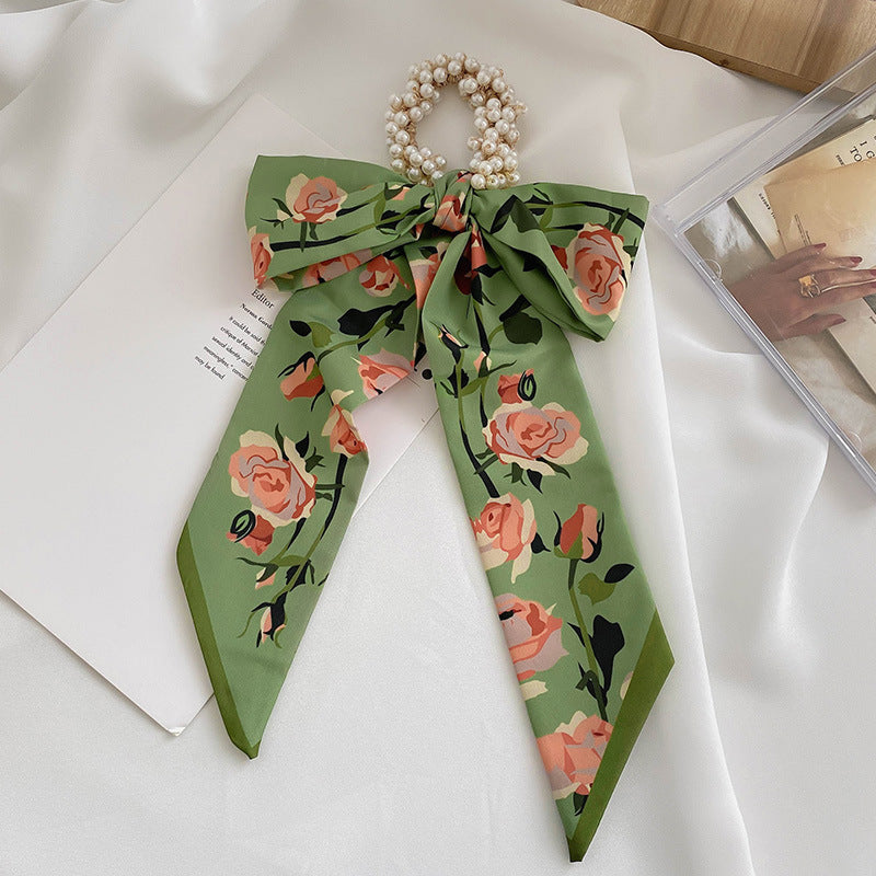 French Style Bow Pearl Scarf Large Intestine Hair Ring For Women
