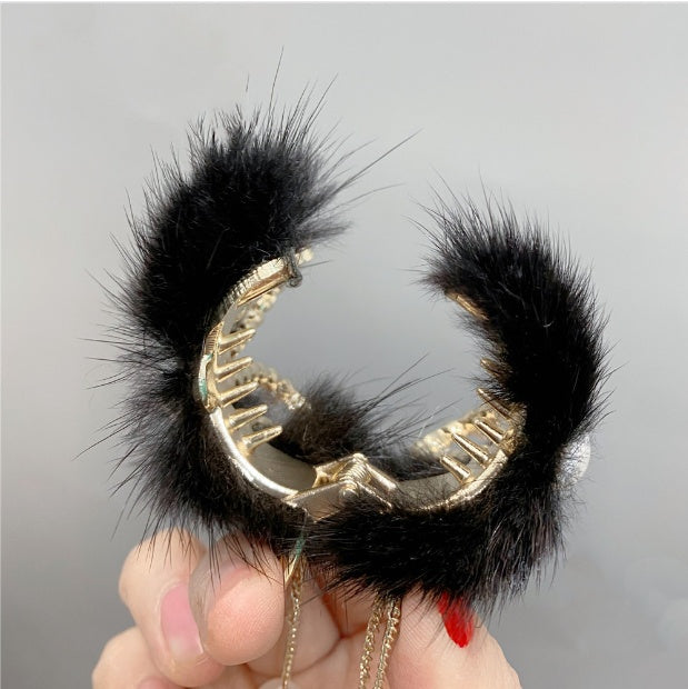 Pearl Mink Hair High Horse Tail Long Tassel Diamond Hair Clip