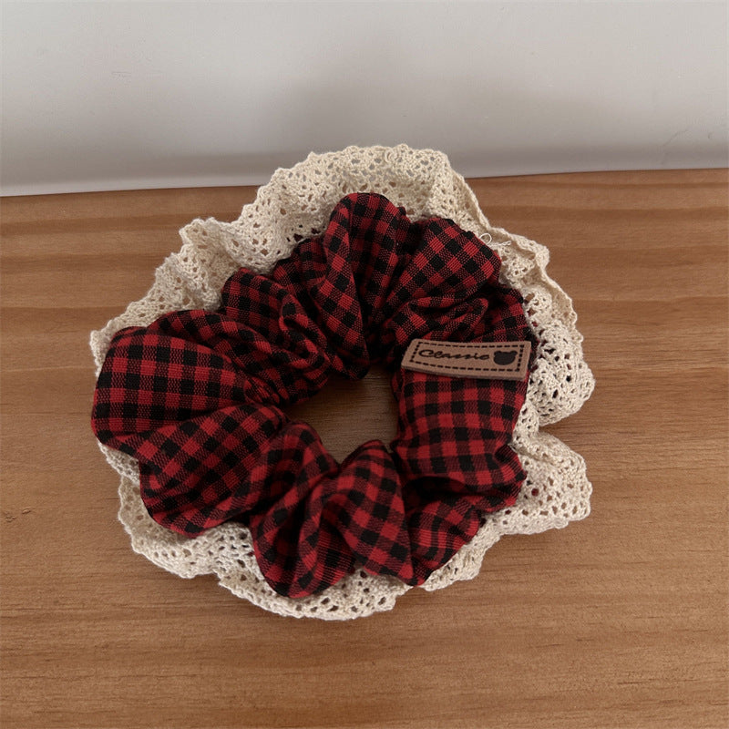 Pastoral Style Plaid Large Intestine Hair Ring Cute Lace Edge Simple