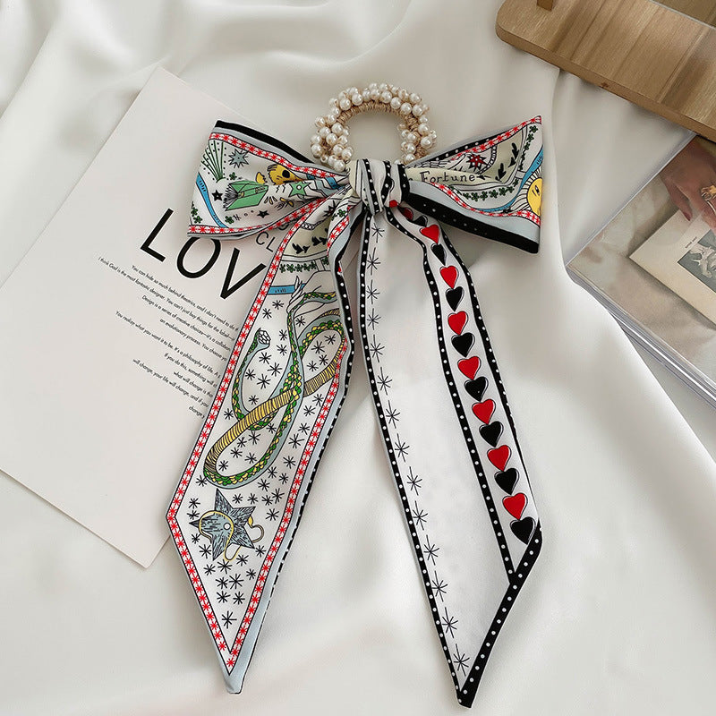 French Style Bow Pearl Scarf Large Intestine Hair Ring For Women