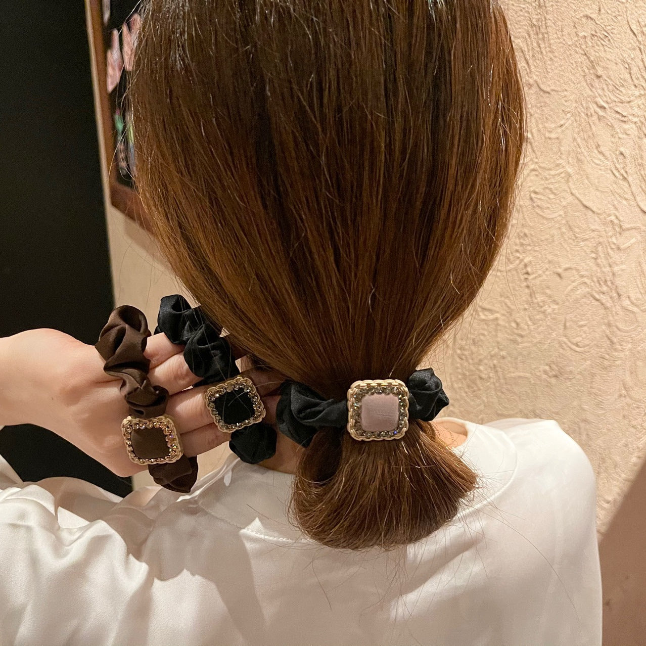 Leather Square Rhinestone Hair Ring Forest Temperament Large Intestine Ring