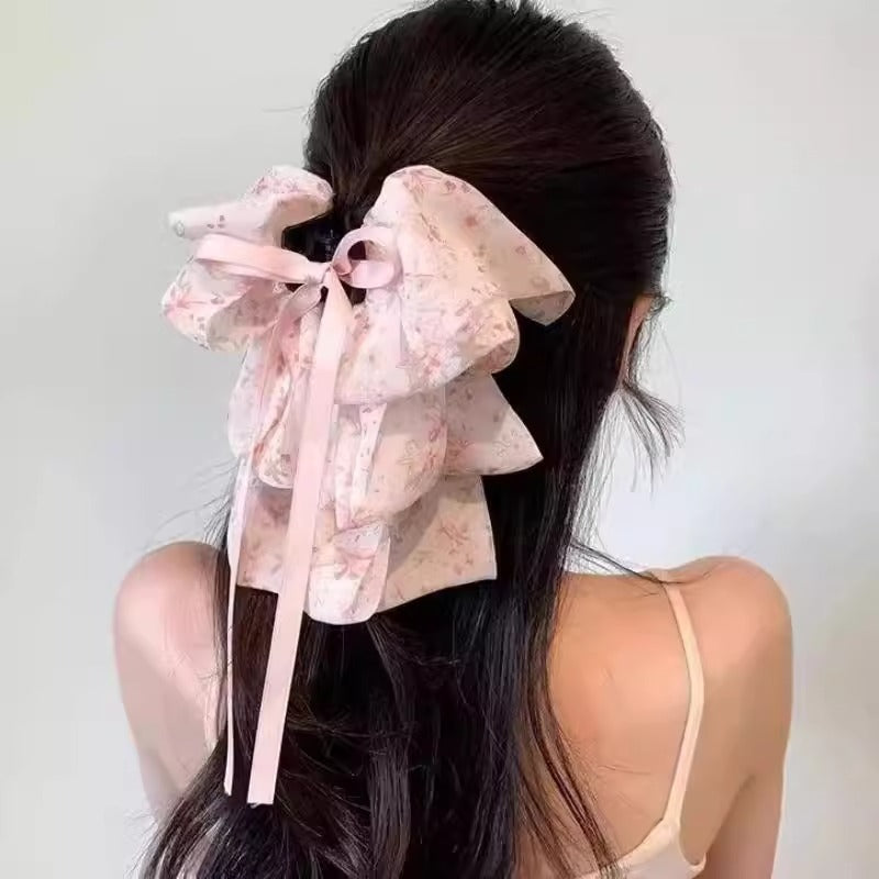South Korea Sweet Bow Headdress Snow Yarn Back Head Barrettes