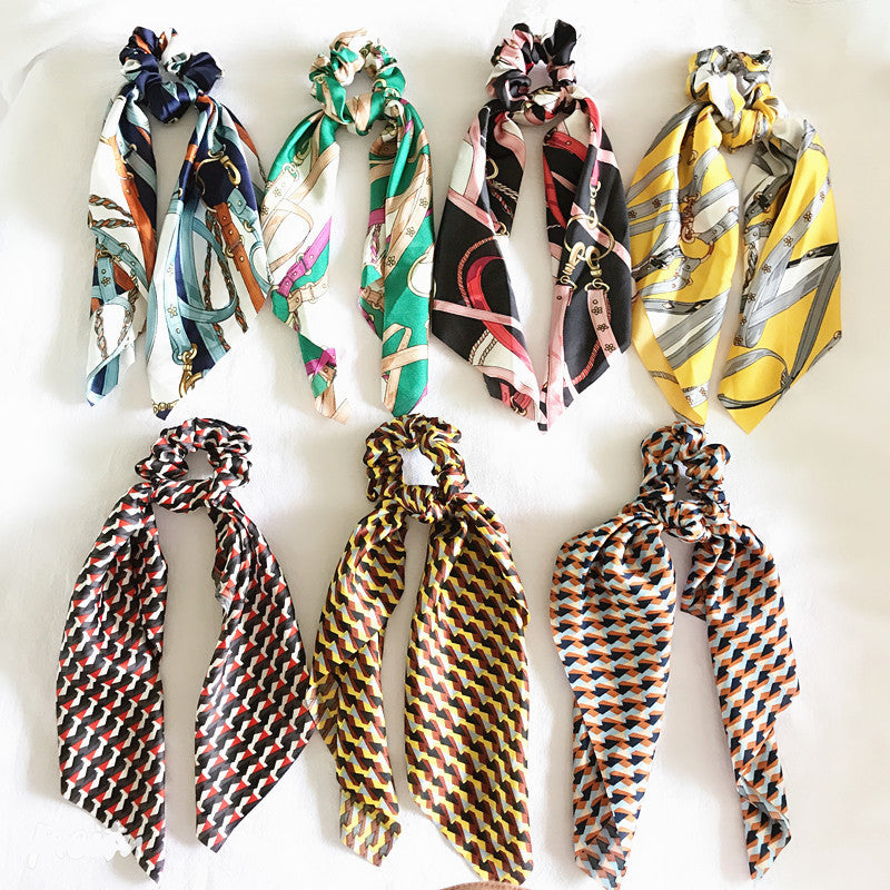 Retro Extra-long Silk Scarf Floating Ribbon Bow Hair Ring