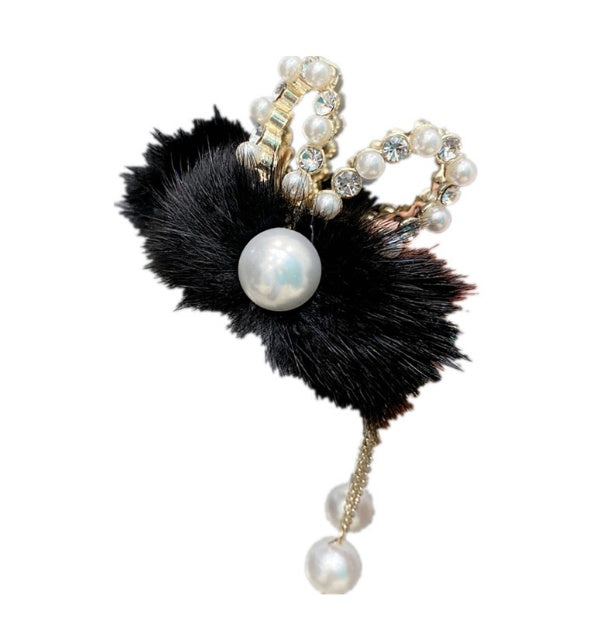 Pearl Mink Hair High Horse Tail Long Tassel Diamond Hair Clip
