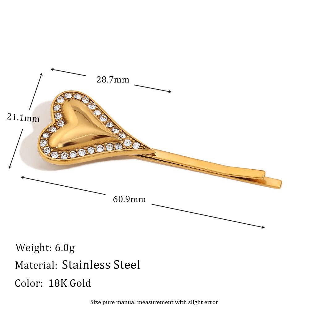 Stainless Steel Plated 18K Gold Vertical Heart Edge Diamond Hair Clip