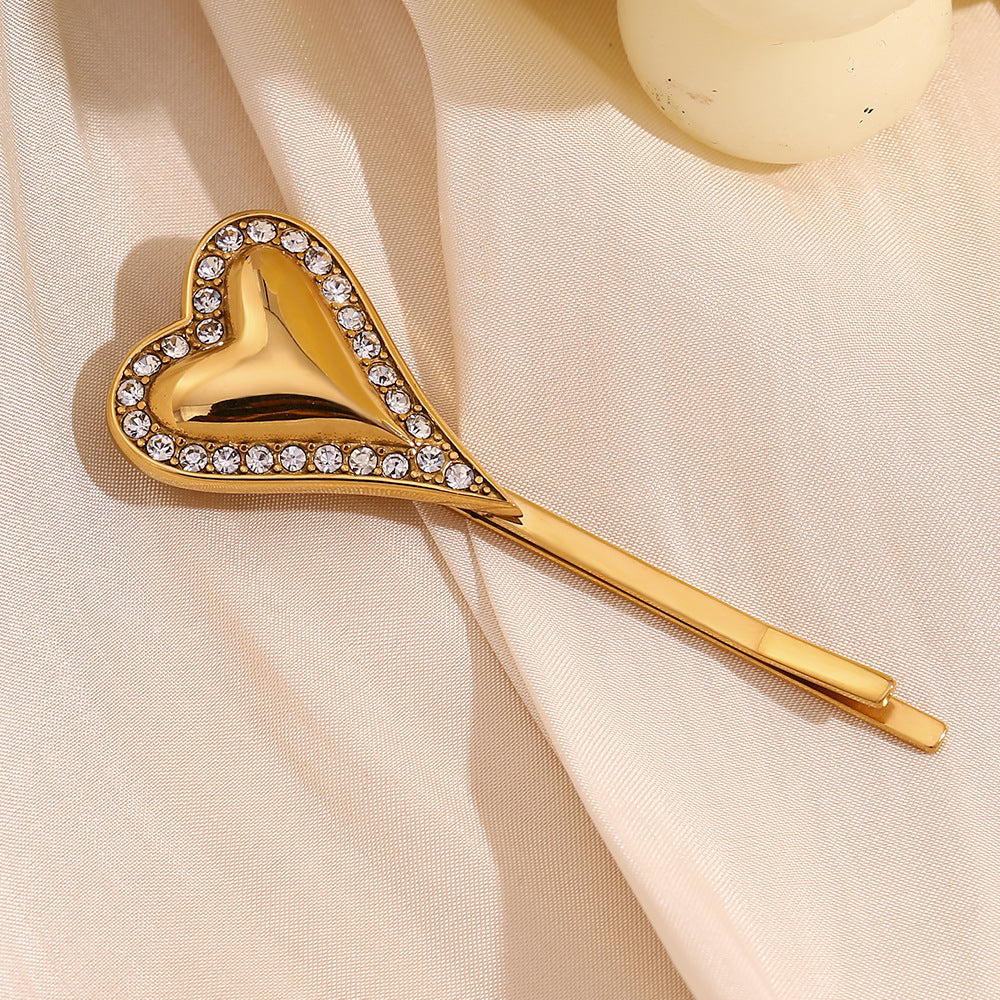 Stainless Steel Plated 18K Gold Vertical Heart Edge Diamond Hair Clip