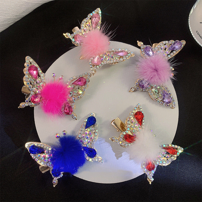 Women's Fashionable Mink Fur Moving Butterfly Hair Clip