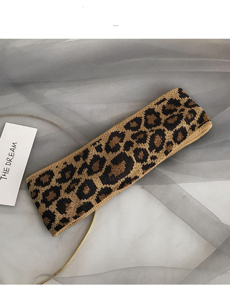 Retro Fashion Leopard Knit Headband With Wash Face Wide Side