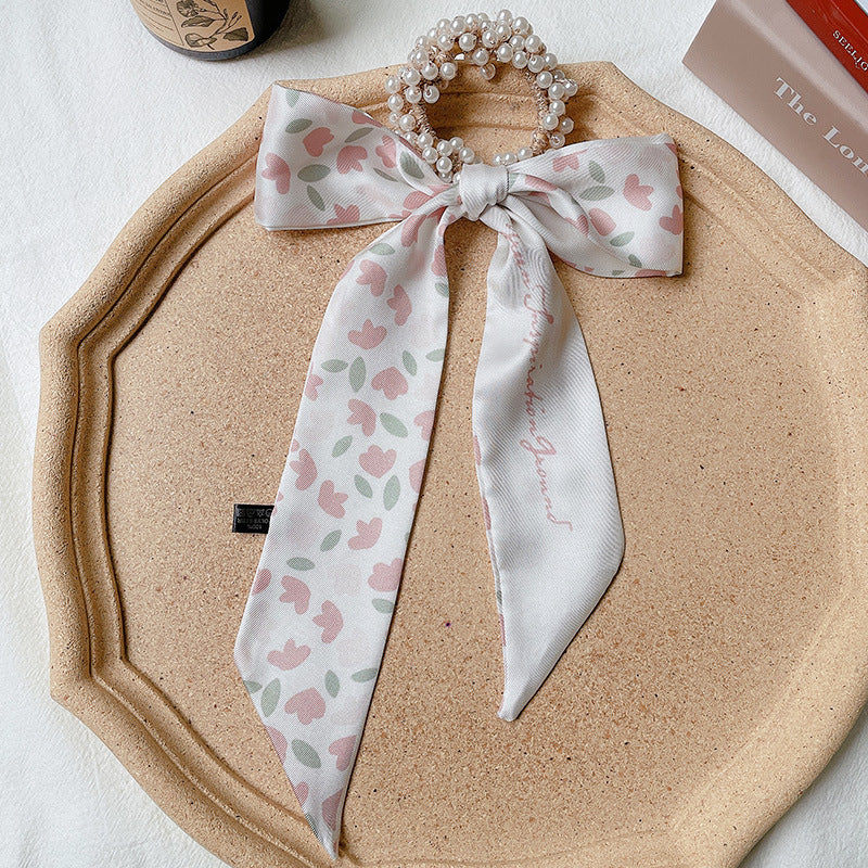 French Style Bow Pearl Scarf Large Intestine Hair Ring For Women