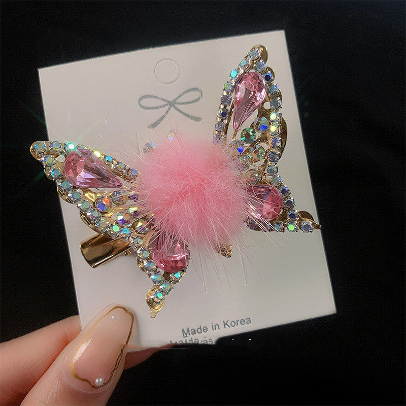 Women's Fashionable Mink Fur Moving Butterfly Hair Clip