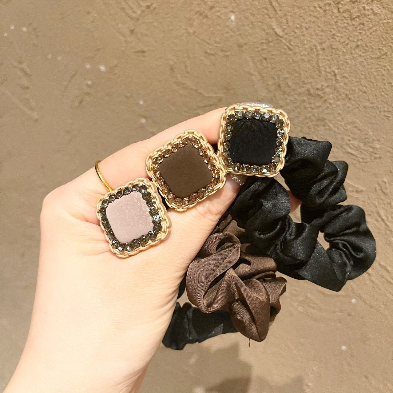 Leather Square Rhinestone Hair Ring Forest Temperament Large Intestine Ring