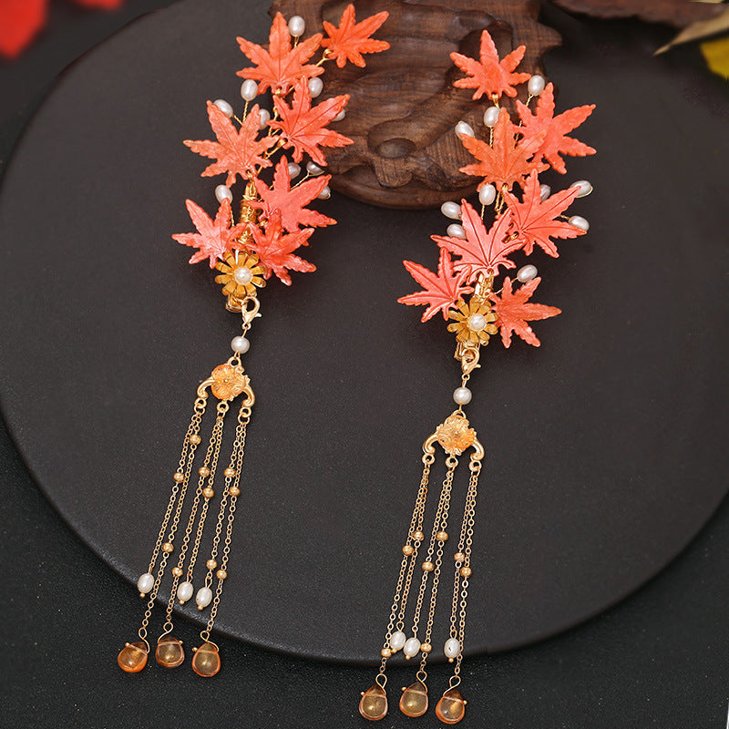 Antique Hanfu Hairpin Accessories Tassel Hair Accessories Side Clip Girl Maple Leaf Pair Step Shake