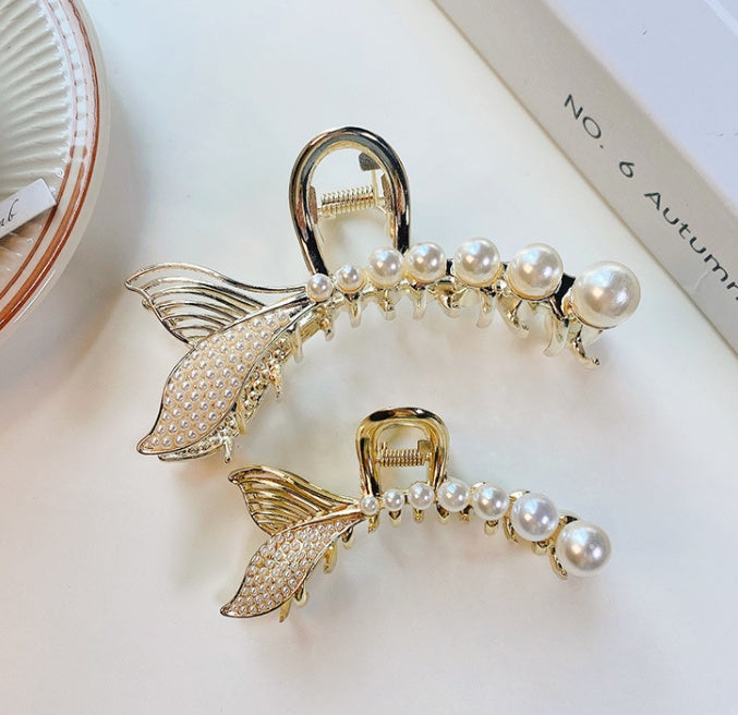 Pearl Catch Clip Metal Shark Clip Hairpin Back Of Head Hair Retro Fishtail Clip Headdress Hair Catch Temperament Hairpin