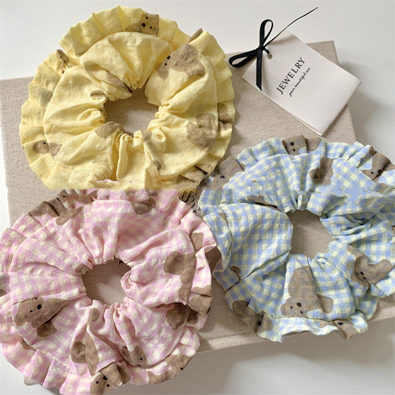 Japanese And Korean Milk Sweet Wafer Plaid Bear Large Intestine Hair Ring