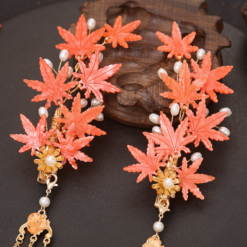 Antique Hanfu Hairpin Accessories Tassel Hair Accessories Side Clip Girl Maple Leaf Pair Step Shake