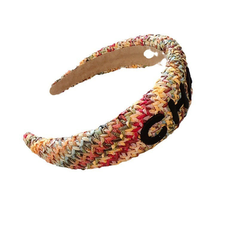 Korean Style Letter Raffia Headband Summer High Sense Hairpin With Broad Edge High Skull Top Headband Broken Hair Wash Face Hair Clip Women