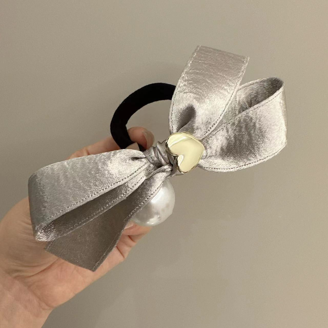 Silver Bowknot Hair Ring Love Pearl