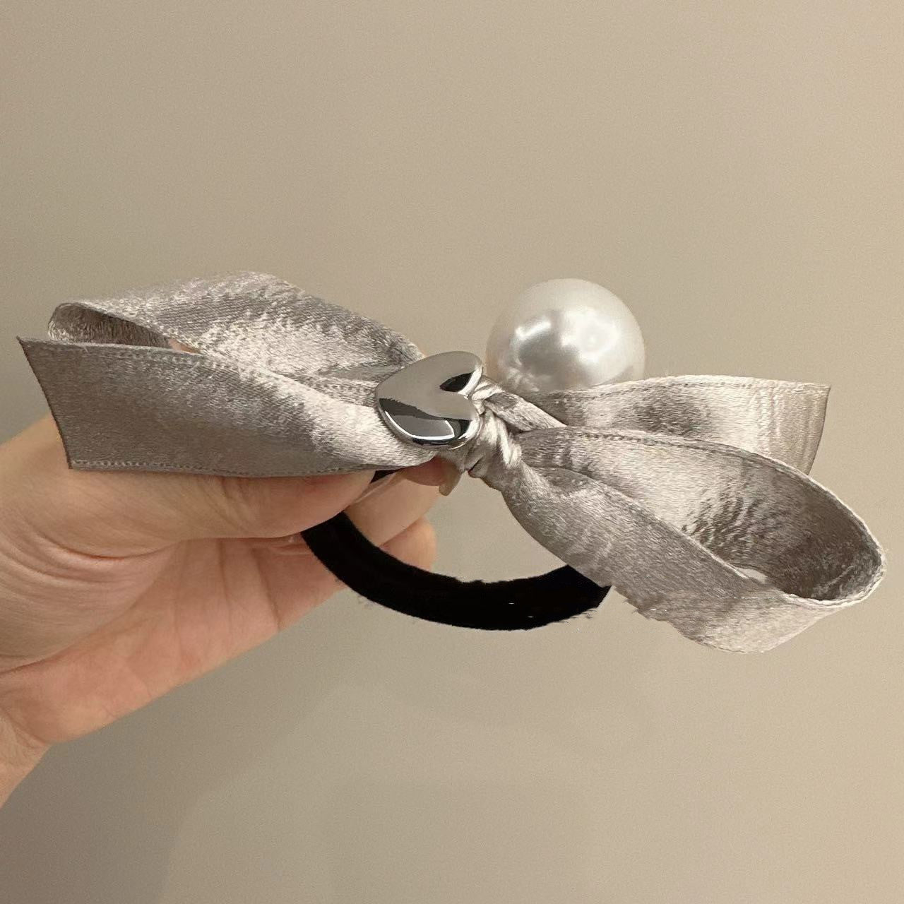 Silver Bowknot Hair Ring Love Pearl